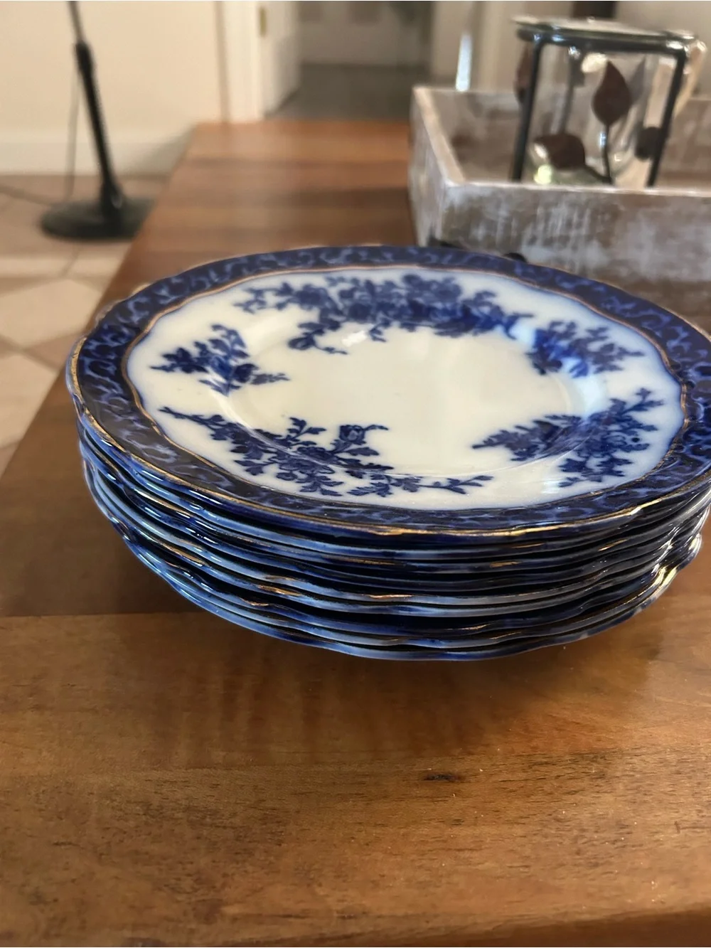 Stanley Cobalt Blue and White Floral Porcelain Plate with Gold Rim 11 plates